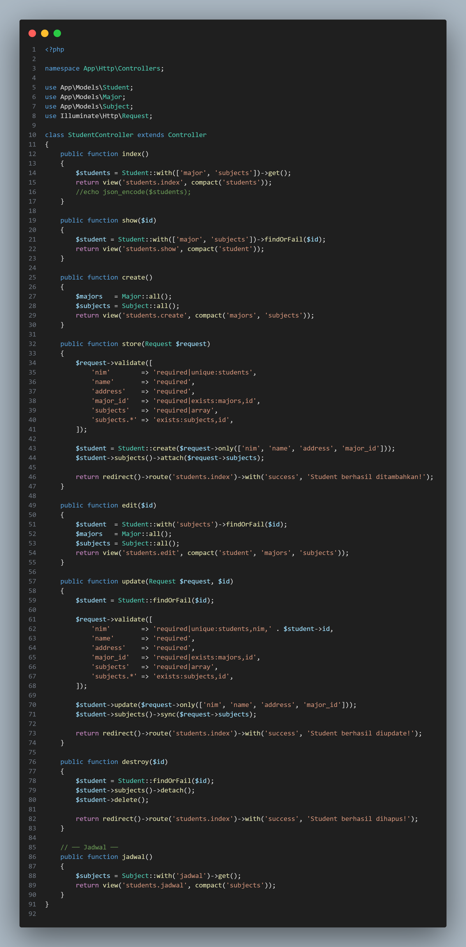 StudentController.php - method index dan show